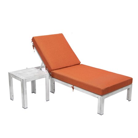 LEISUREMOD Chelsea Modern Outdoor Weathered Grey Chaise Lounge Chair With Side Table & Orange Cushions CLTWGR-77OR